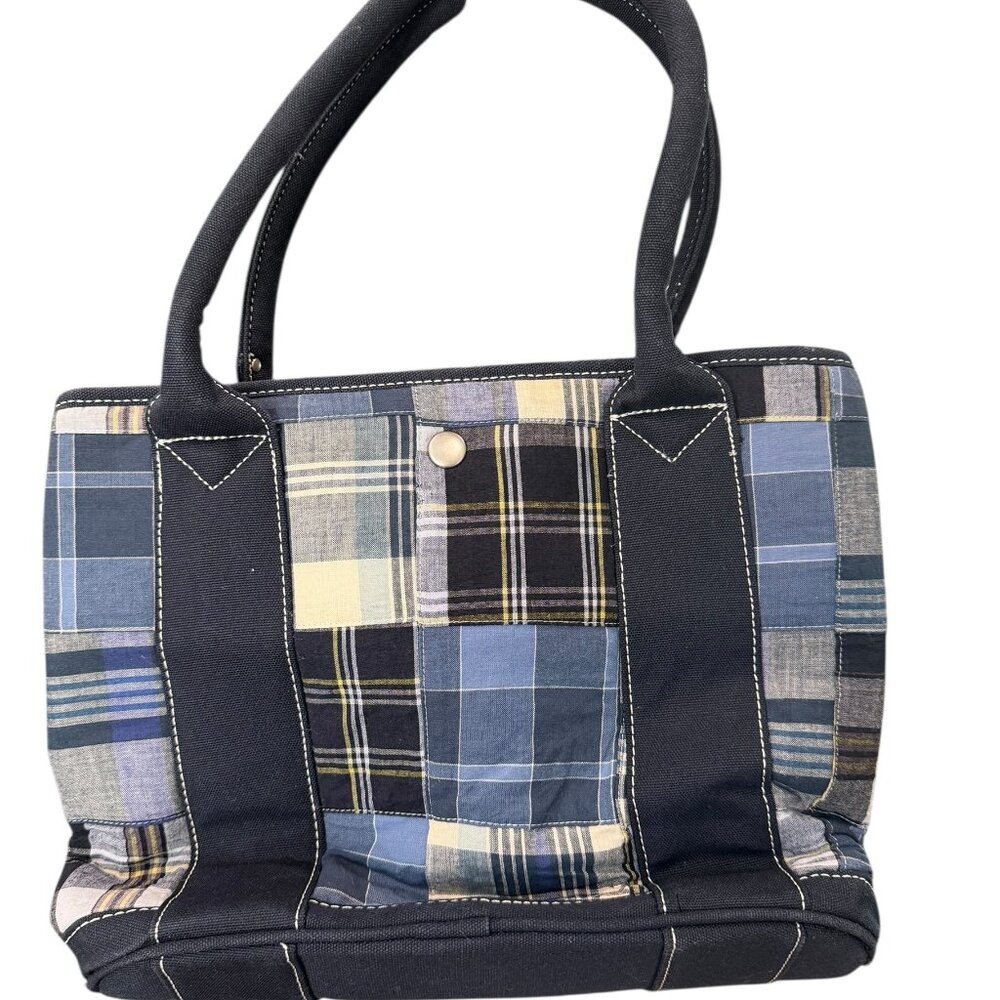 ✨ J. CREW Patchwork Plaid Canvas Tote Bag Blue White Coastal EUC ⚓ - Picture 2 of 5
